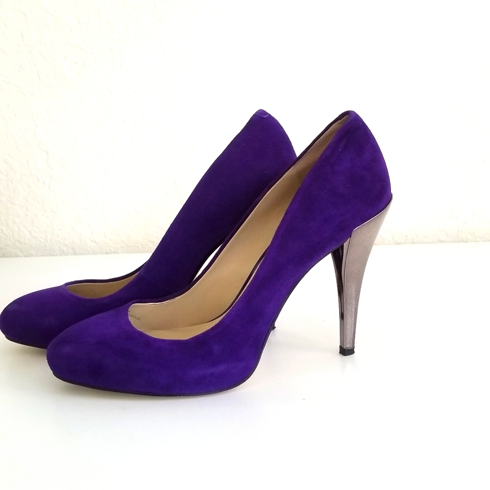 INC Purple suede and silver heeled pumps.